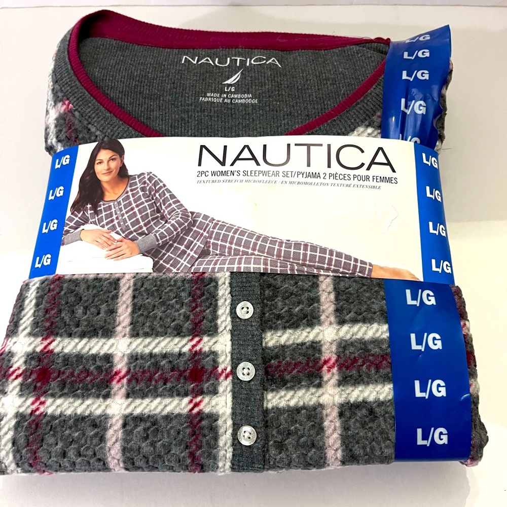 NWT Nautica Women Textured Plaid Stretch Microfleece 2piece Sleepwear Set